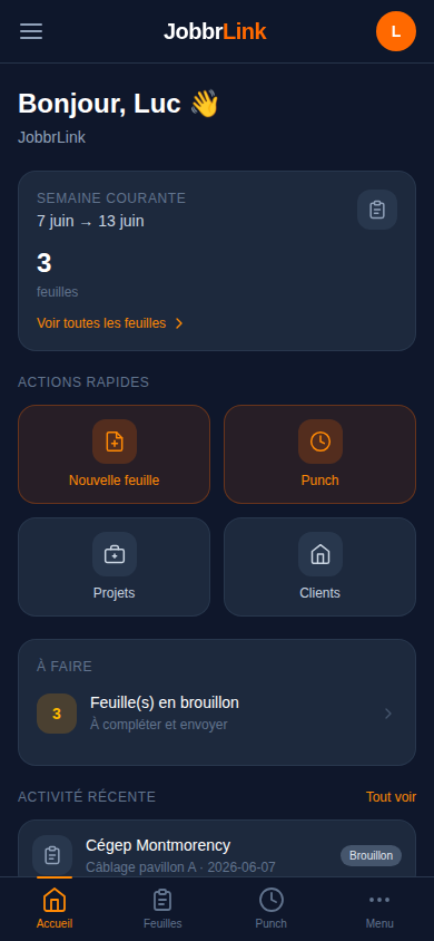 Tableau de bord JobbrLink sur mobile